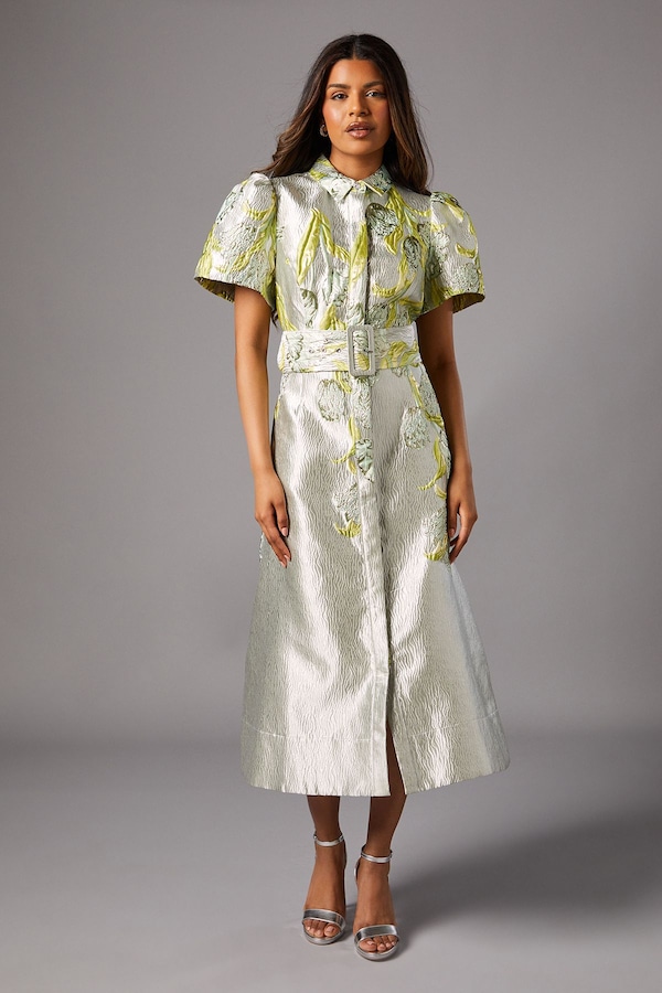 Coast Petite Belted Jacquard Shirt Dress Silver