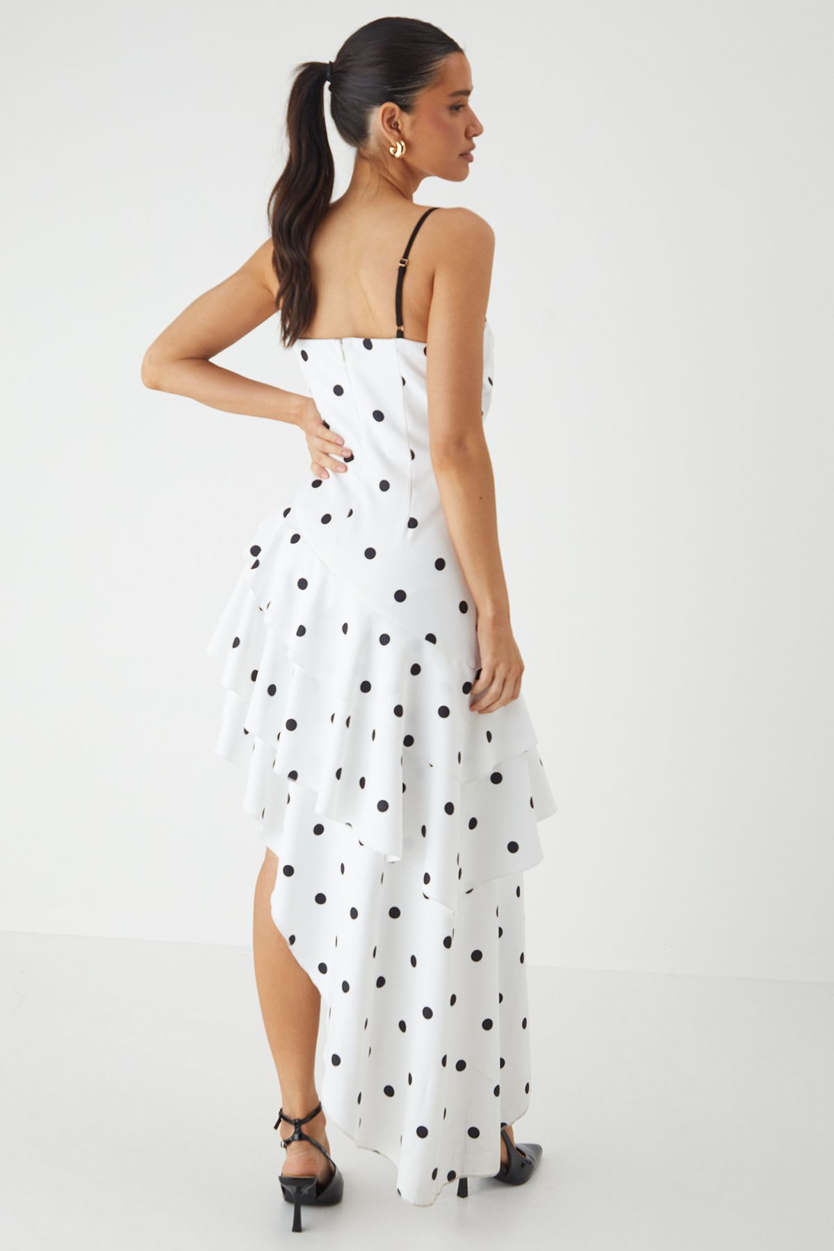 MissPap Polka Dot Layered Frill Maxi Dress Ivory image 3