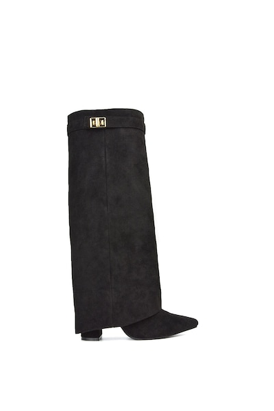XY London 'Rayna' Block Heel Knee High Foldover Boots With Pointed Toe