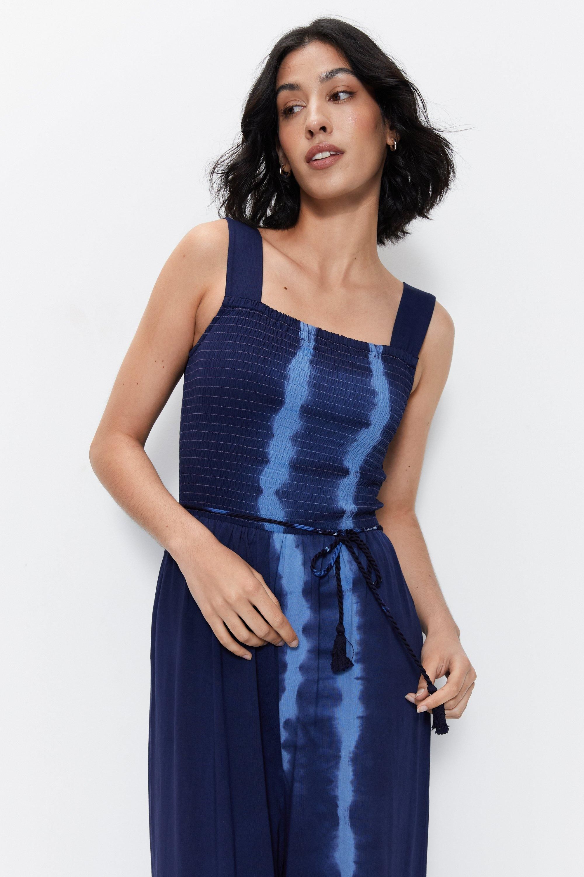 Warehouse Tie Dye Tie Waist Shirred Jumpsuit Blue image 2