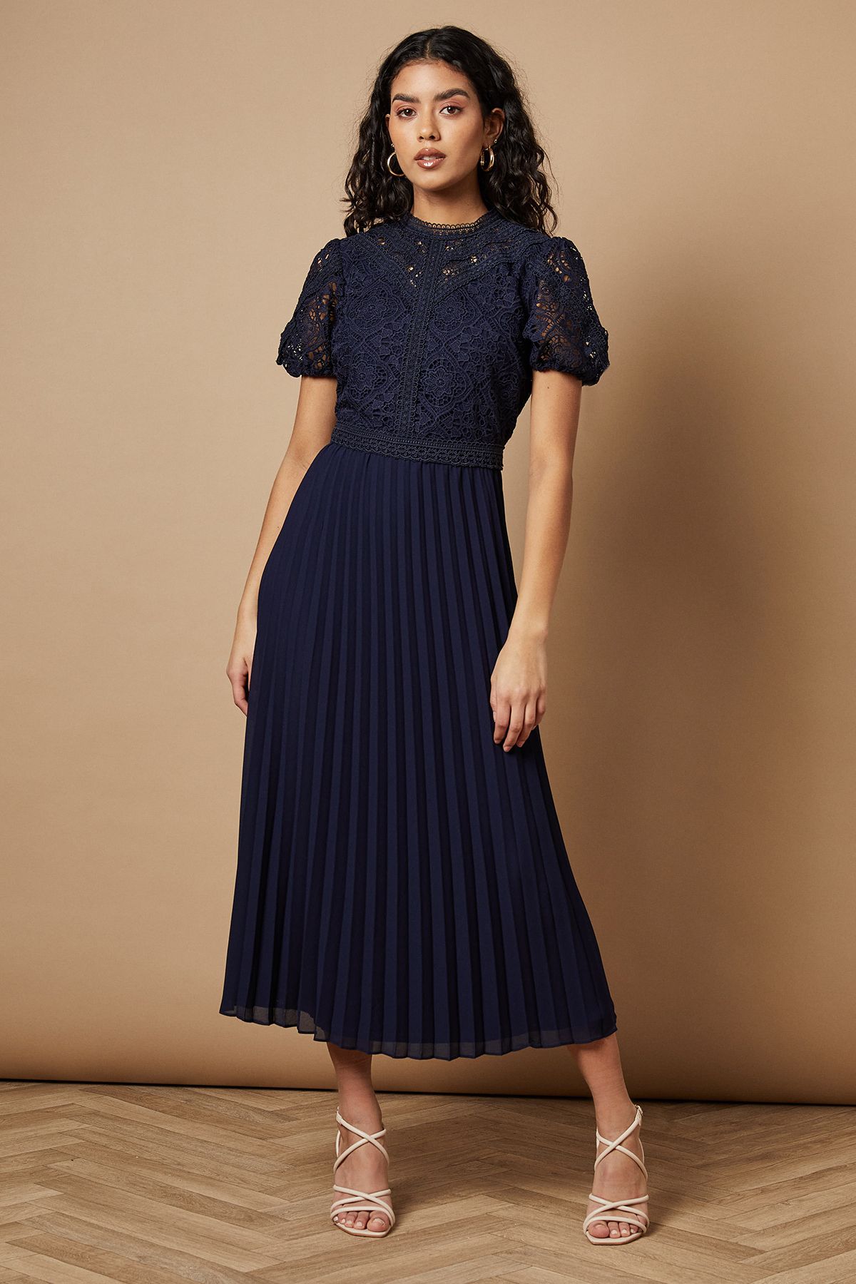 Oasis Petite Lace Puff Sleeve Pleated Midi Dress Navy image 2