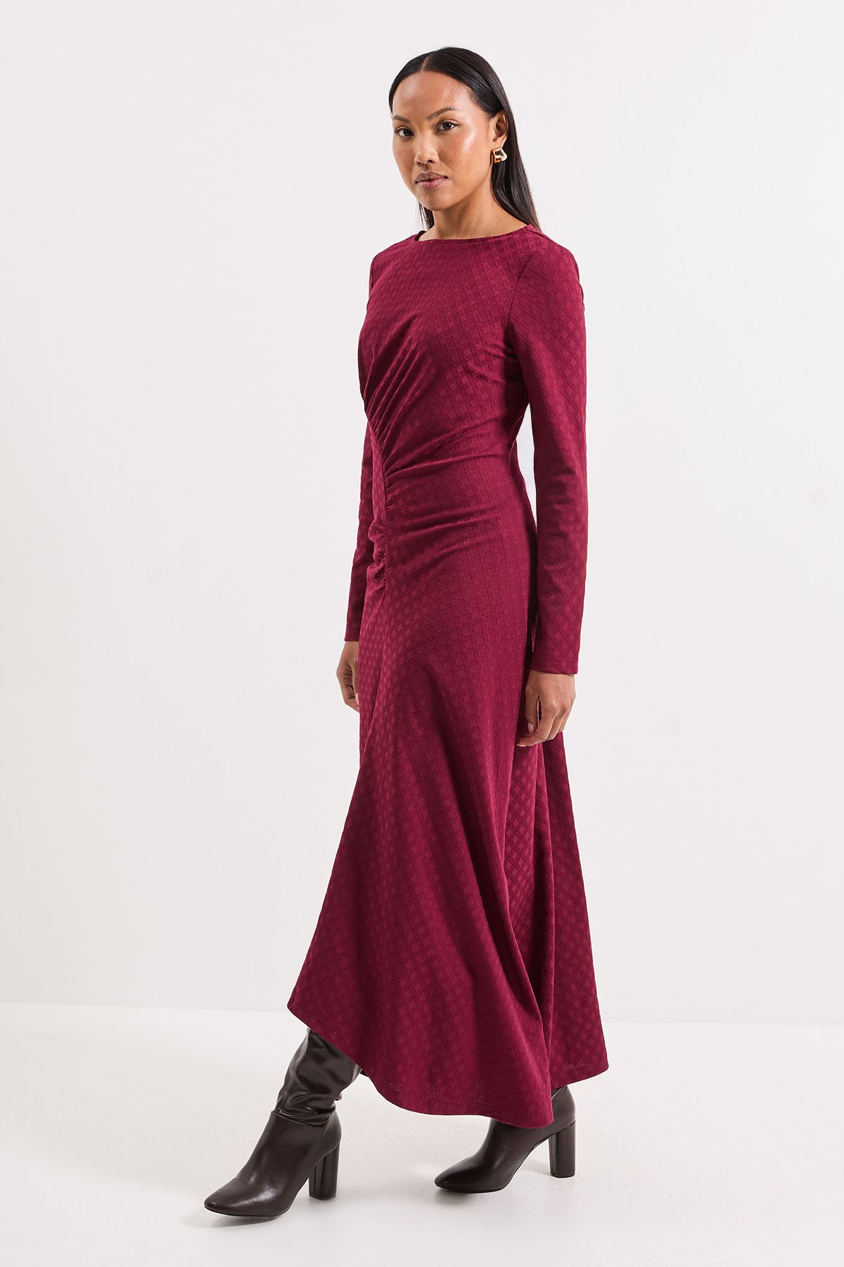 Principles Ruched Detail Textured Jersey Jacquard Maxi Dress Wine image 1