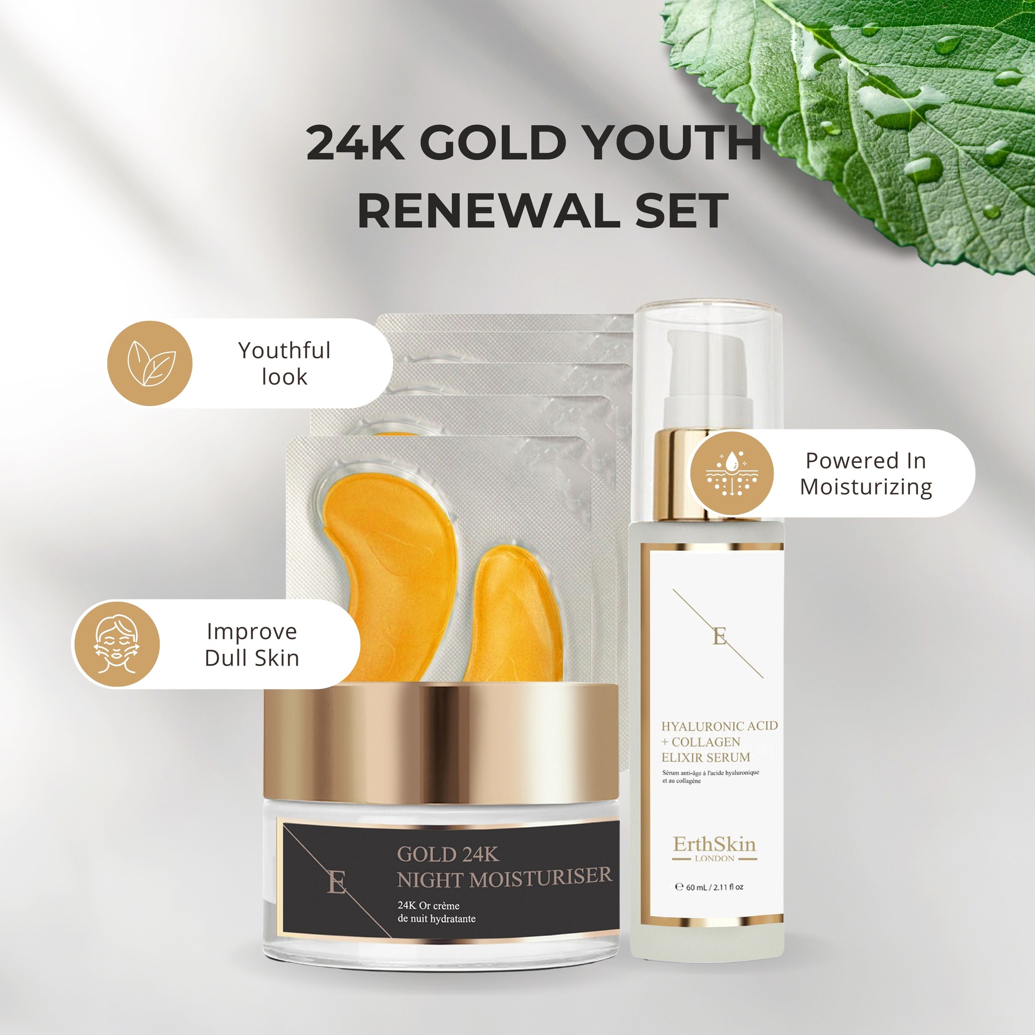 Erth Skin London 24K Gold Night Set: Moisturizer + Eye Patches & HA Serum image 2