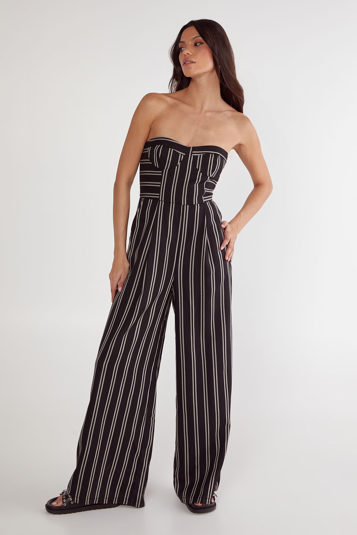 NastyGal Tailored Stripe Bandeau Cupped Jumpsuit Black