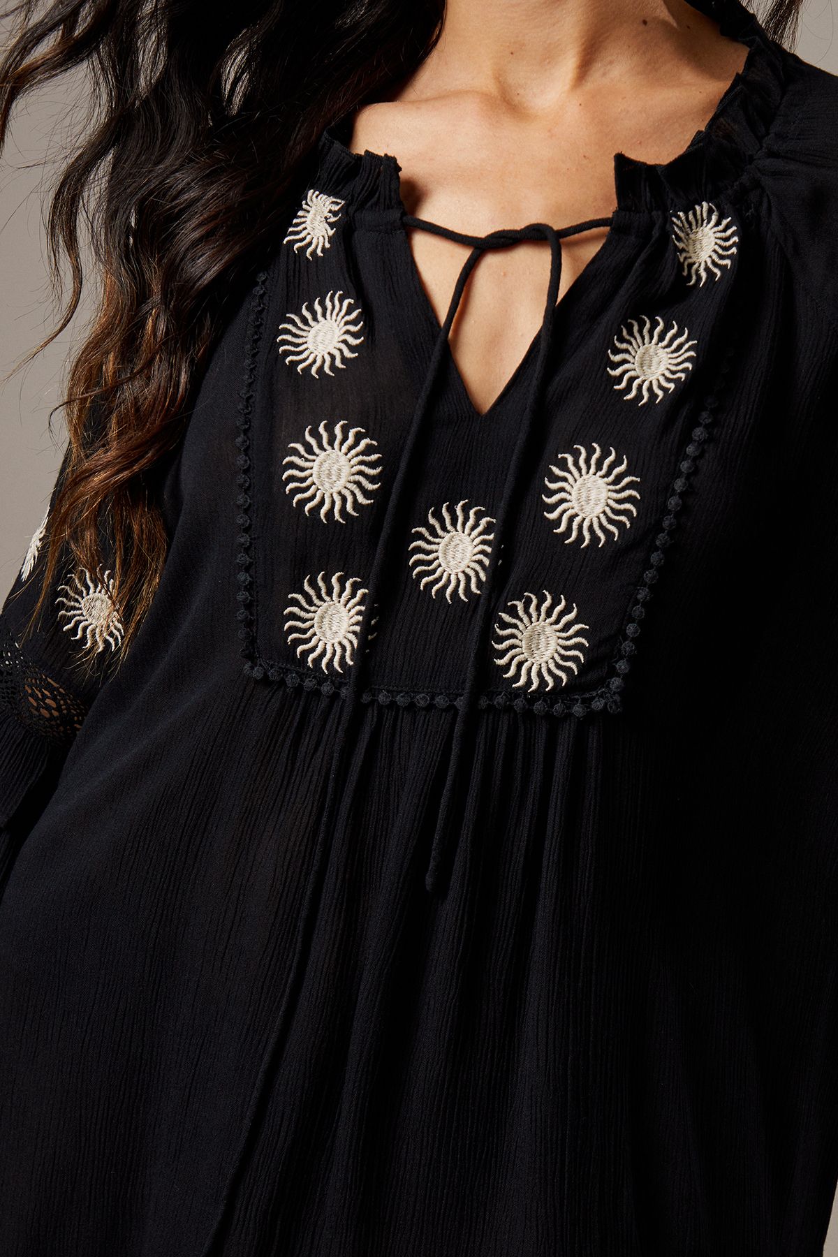 Warehouse Cheesecloth Embroidered Trim Insert Mini Dress Black image 5