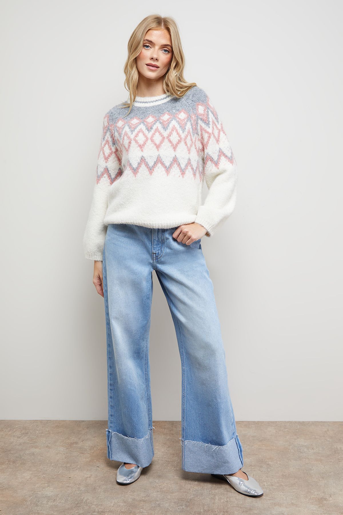 Oasis Fairisle Cosy Crew Neck Jumper Ecru image 2