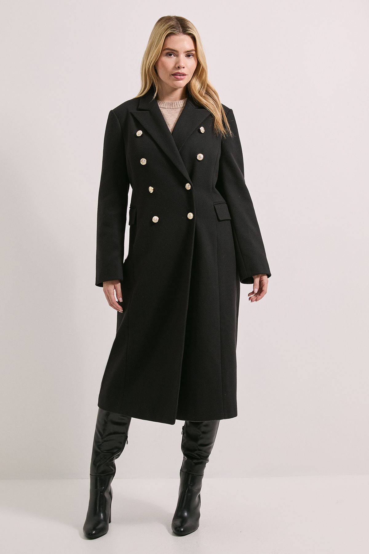 Dorothy Perkins Midi Length Fitted Military Coat Black image 1