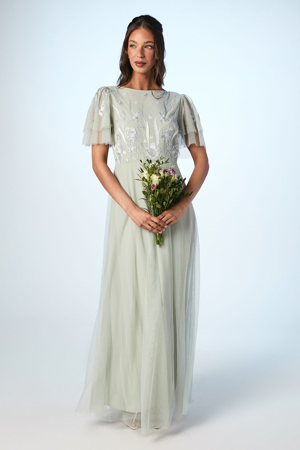 Coast Sage Embroidered Angel Sleeve Maxi Bridesmaid Dress PLT