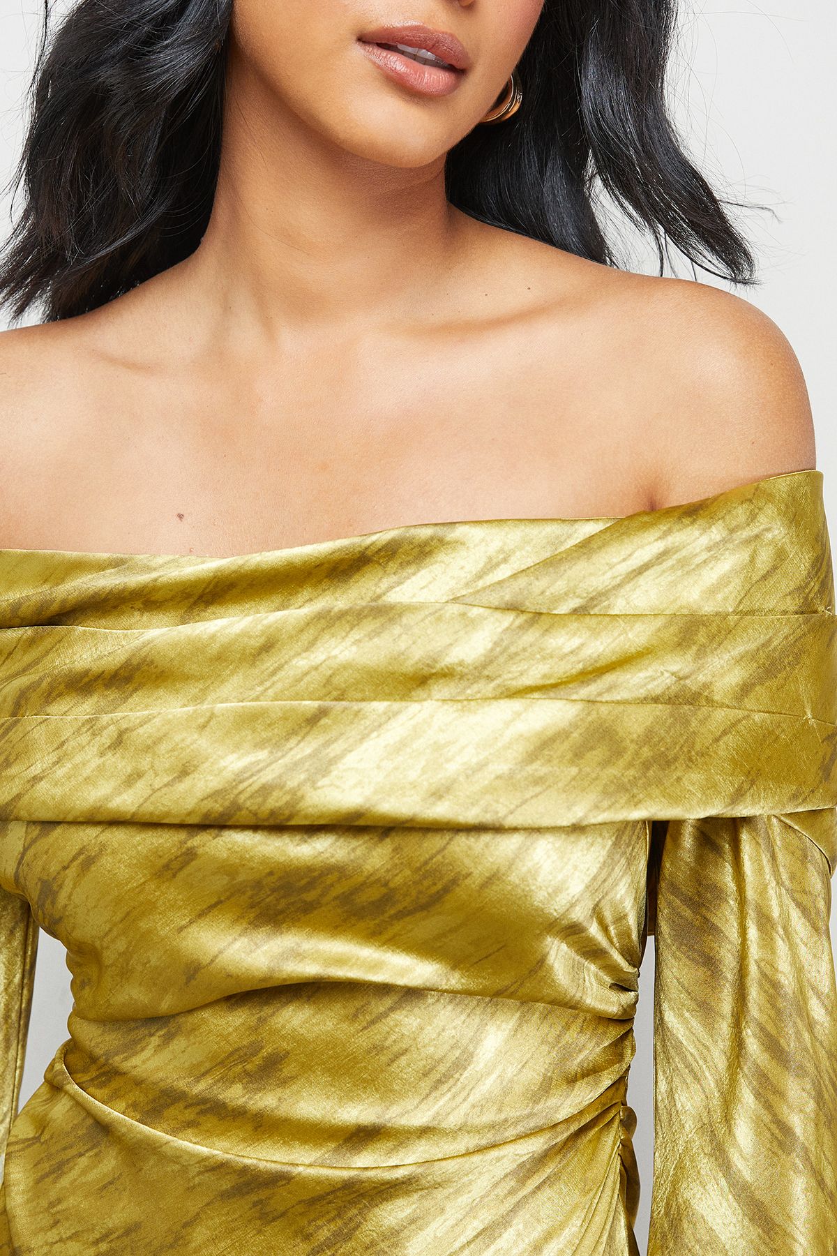 Warehouse Shimmer Satin Foldover Bardot Bias Midi Dress Gold image 3