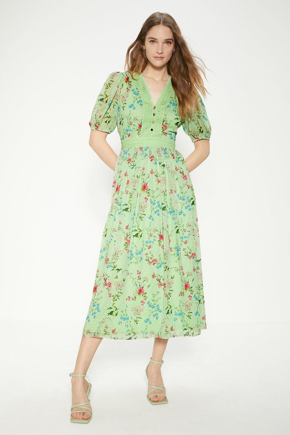Oasis Petite Delicate Floral Lace Dobby Midi Dress Sage