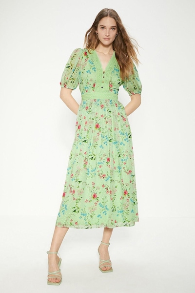Oasis Petite Delicate Floral Lace Dobby Midi Dress Sage