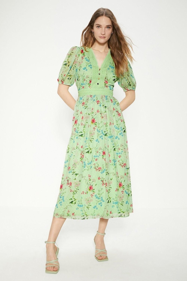 Oasis Petite Delicate Floral Lace Dobby Midi Dress Sage
