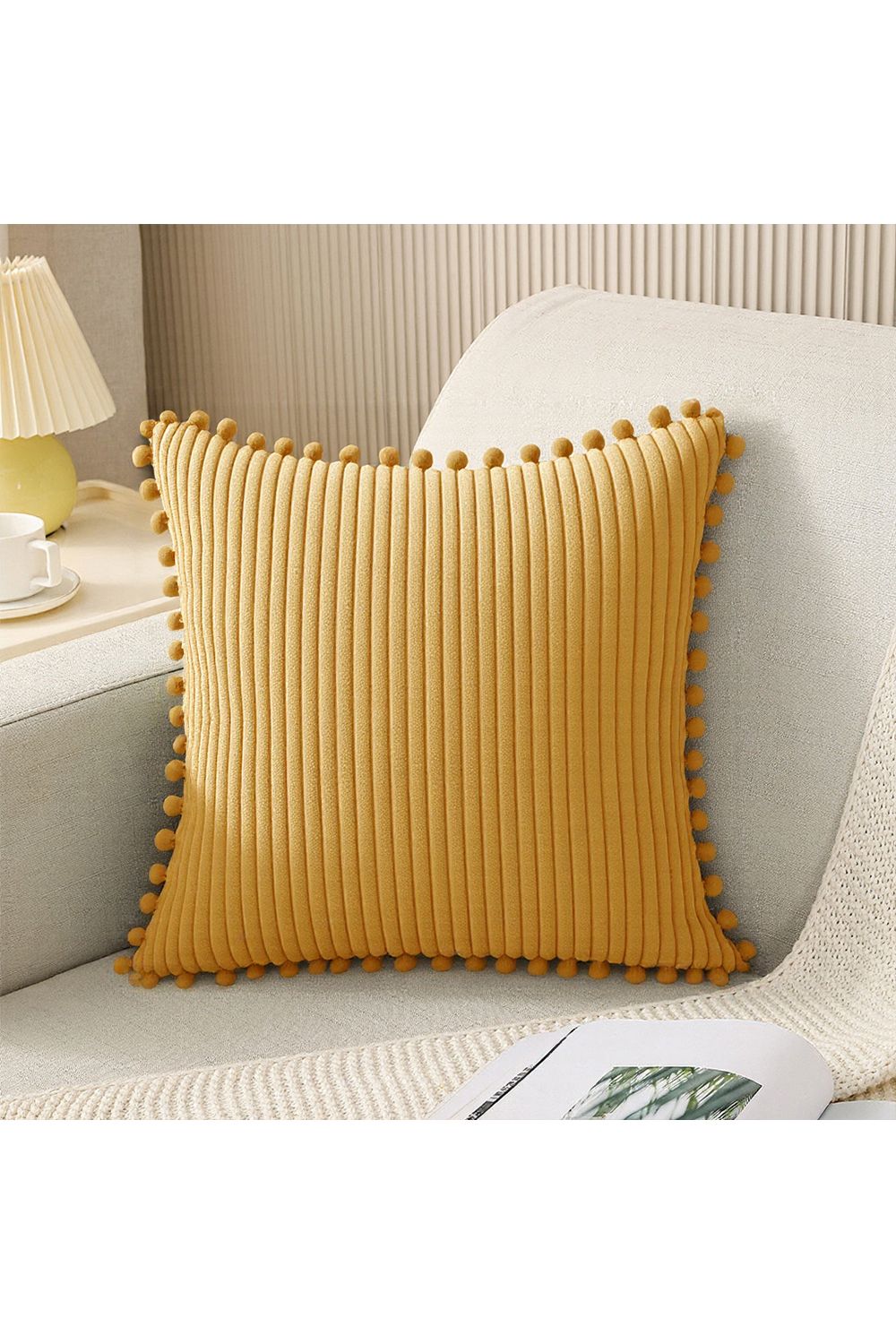 Living and Home Polyester Cushion Cover with Pom-Pom Trim image 3
