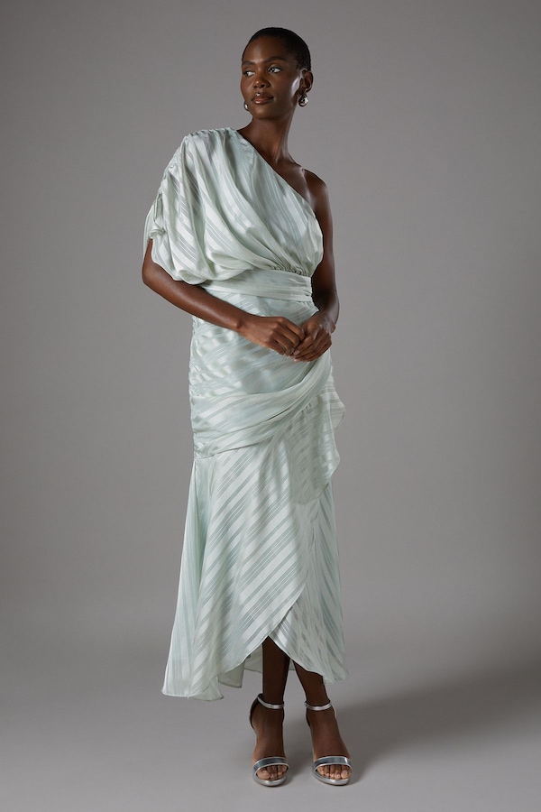 Coast Jacquard Tiered One Shoulder Midi Dress Sage