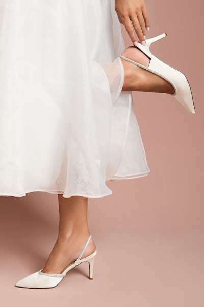 Coast Bridal Wide Fit Sabrina Satin Diamante Trim Slingback High Stiletto Court Shoes White