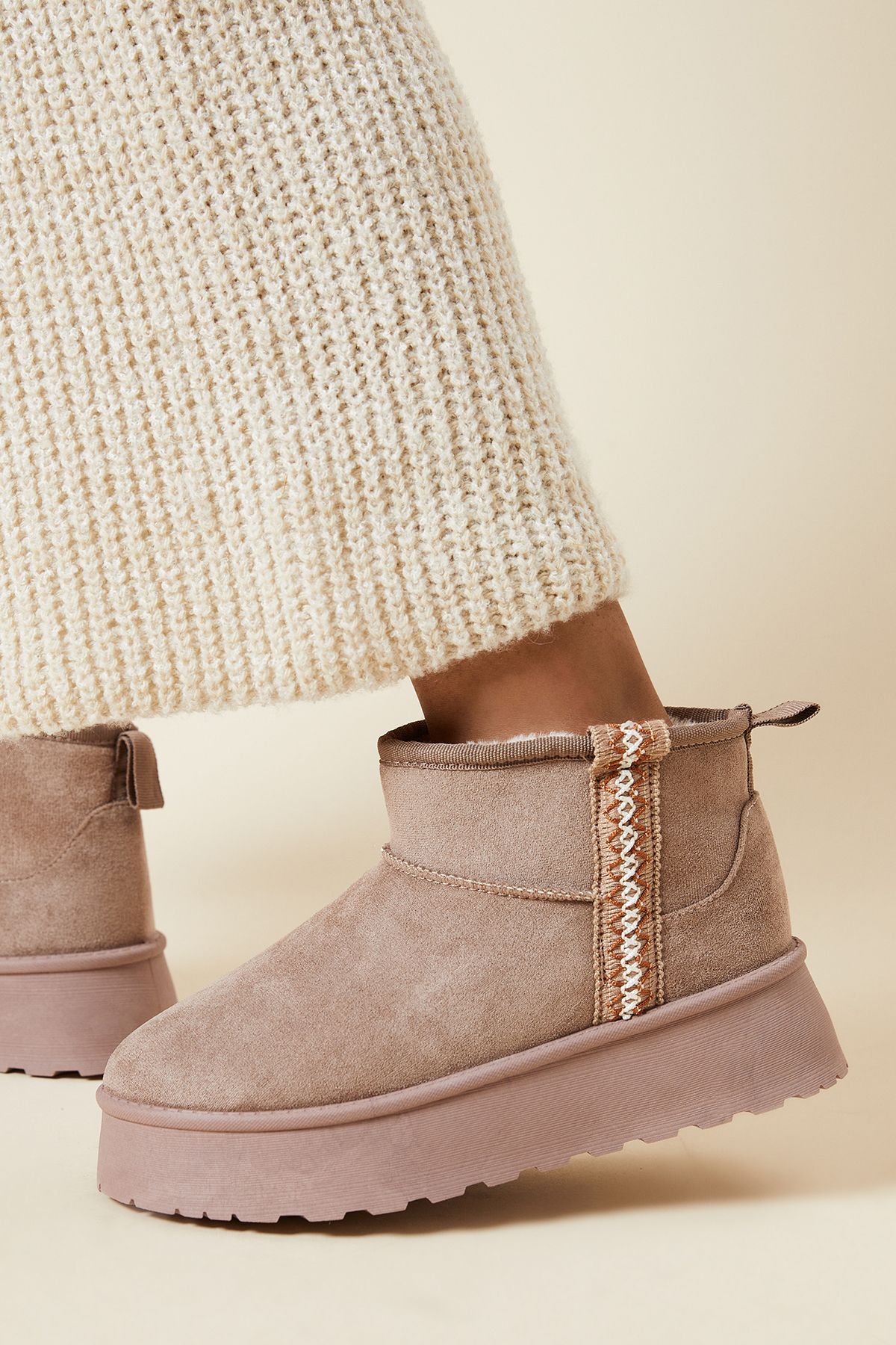 Dorothy Perkins Hania Suedette Faux Fur Lined Stitch Detail Cosy Chunky Flatform Ankle Boots Taupe image 3