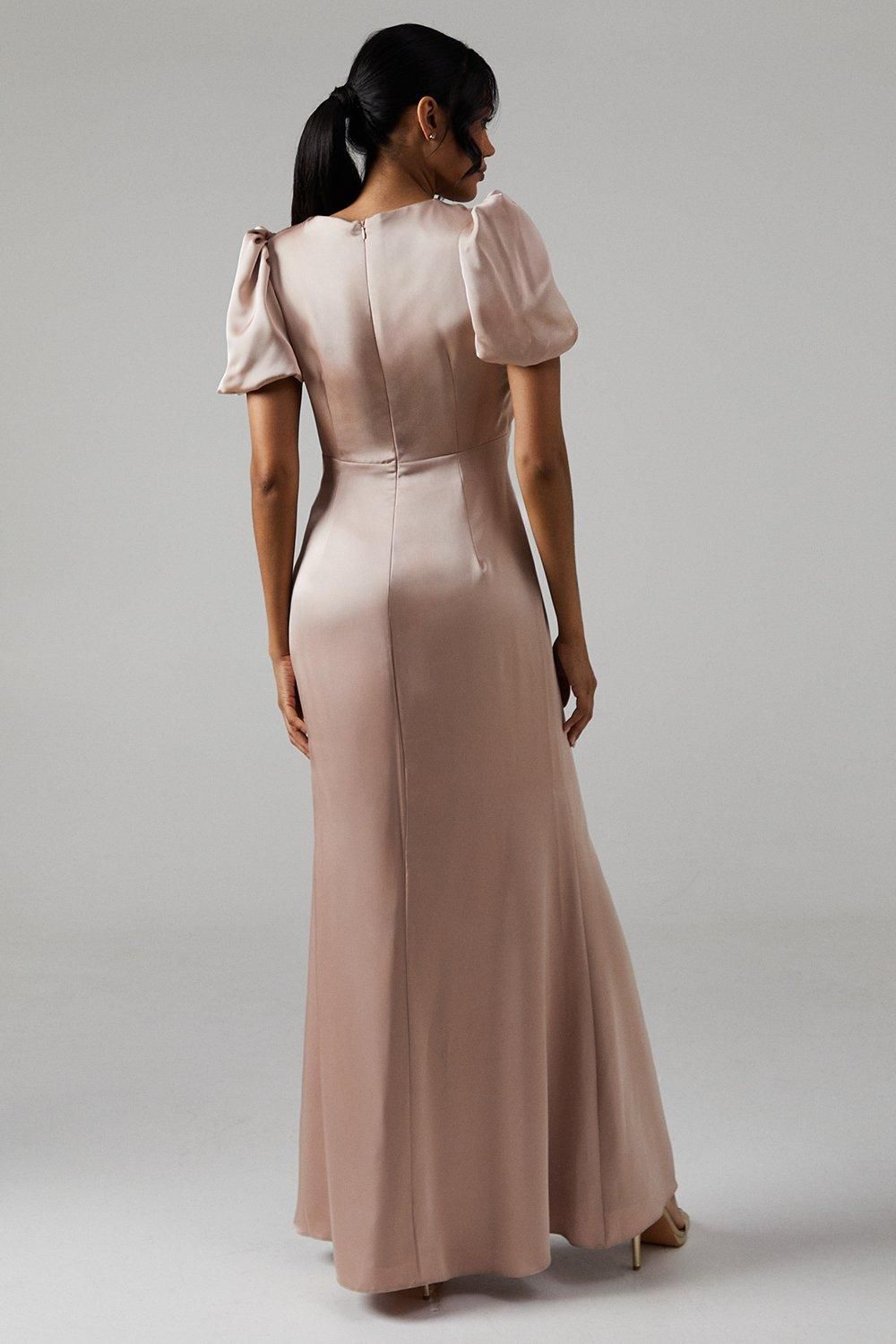 Coast Sweetheart Neckline Puff Sleeve Satin Bridesmaid Maxi Dress Mocha image 3
