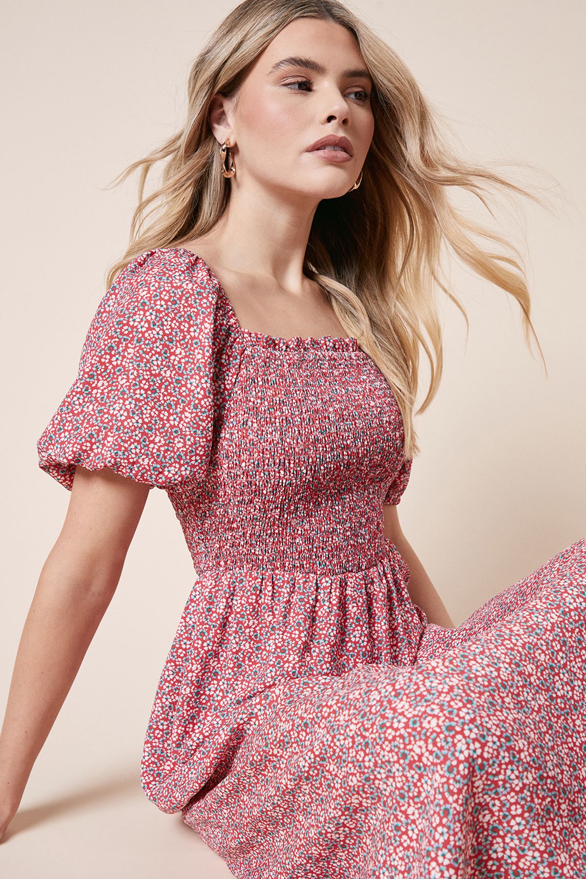 Dorothy Perkins Ditsy Shirred Bodice Midi Dress Pink image 2