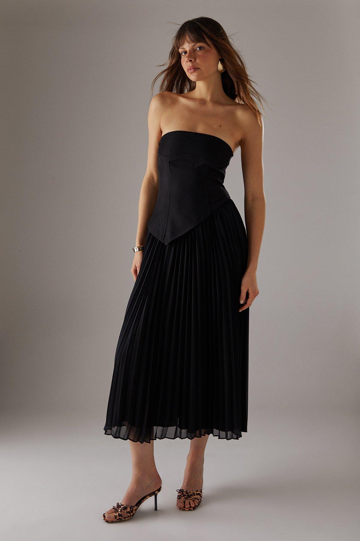 Warehouse Bandeau Bodice Pleated Chiffon Midi Dress Black image 1