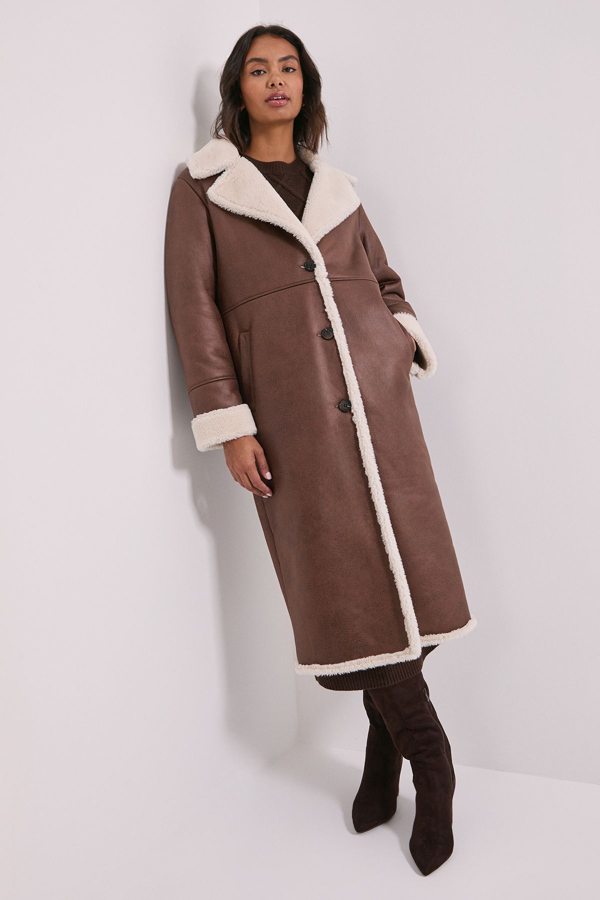 Dorothy Perkins Shearling Midi Coat Chestnut