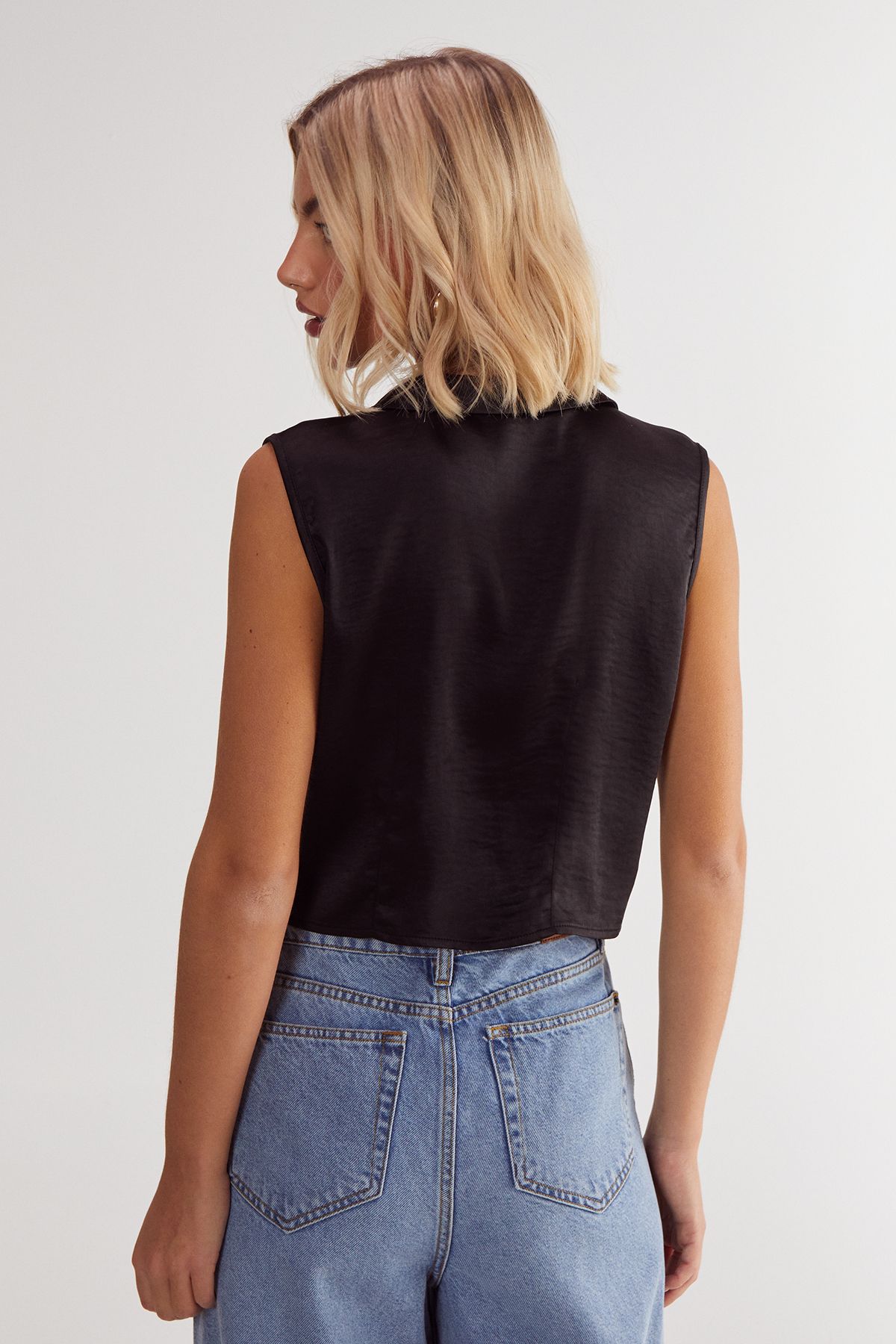 NastyGal Textured Satin Tie Front Collared Top Black image 4