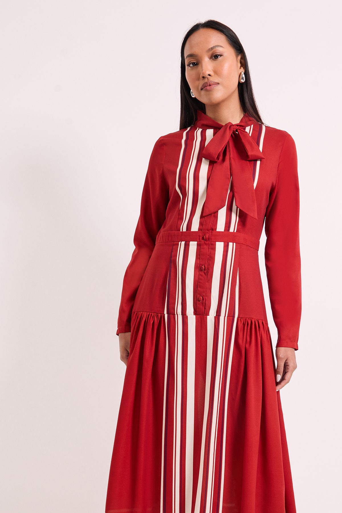 Principles Placement Print Tie Neck Yolk Detail Crepe Midi Dress Rust image 4