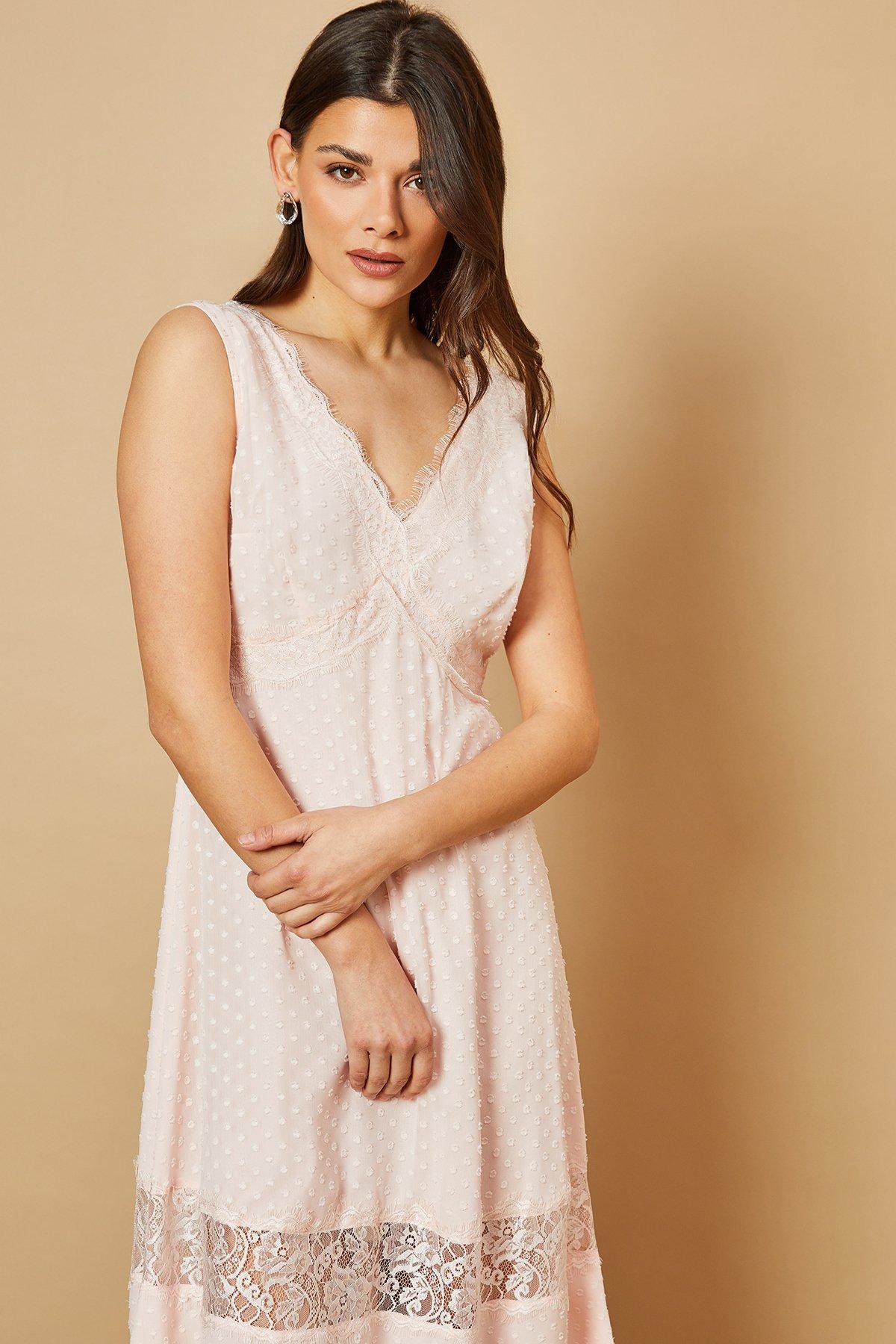 Oasis Dobby Chiffon Lace Insert Midi Dress Blush image 2