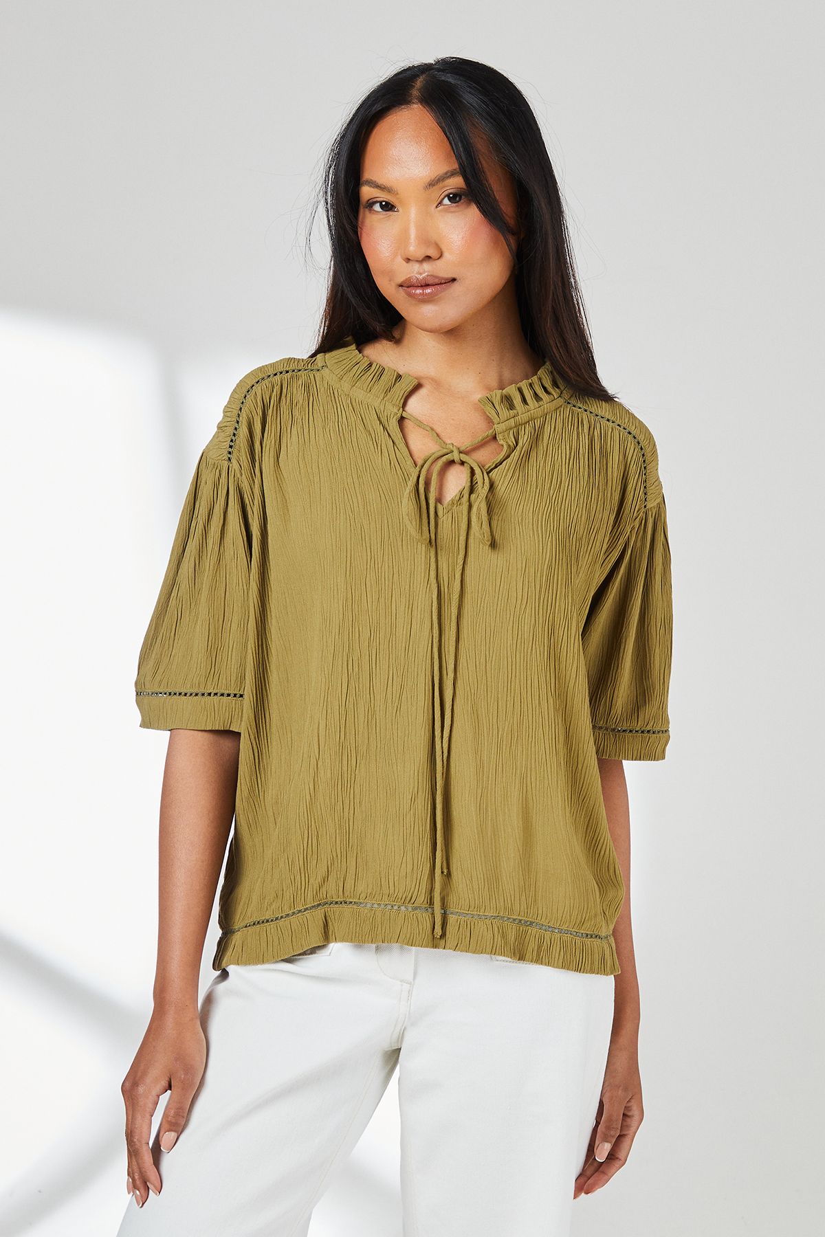 Principles Ladder Trim Tie Front Blouse Khaki image 1