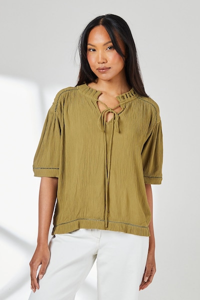 Principles Ladder Trim Tie Front Blouse Khaki