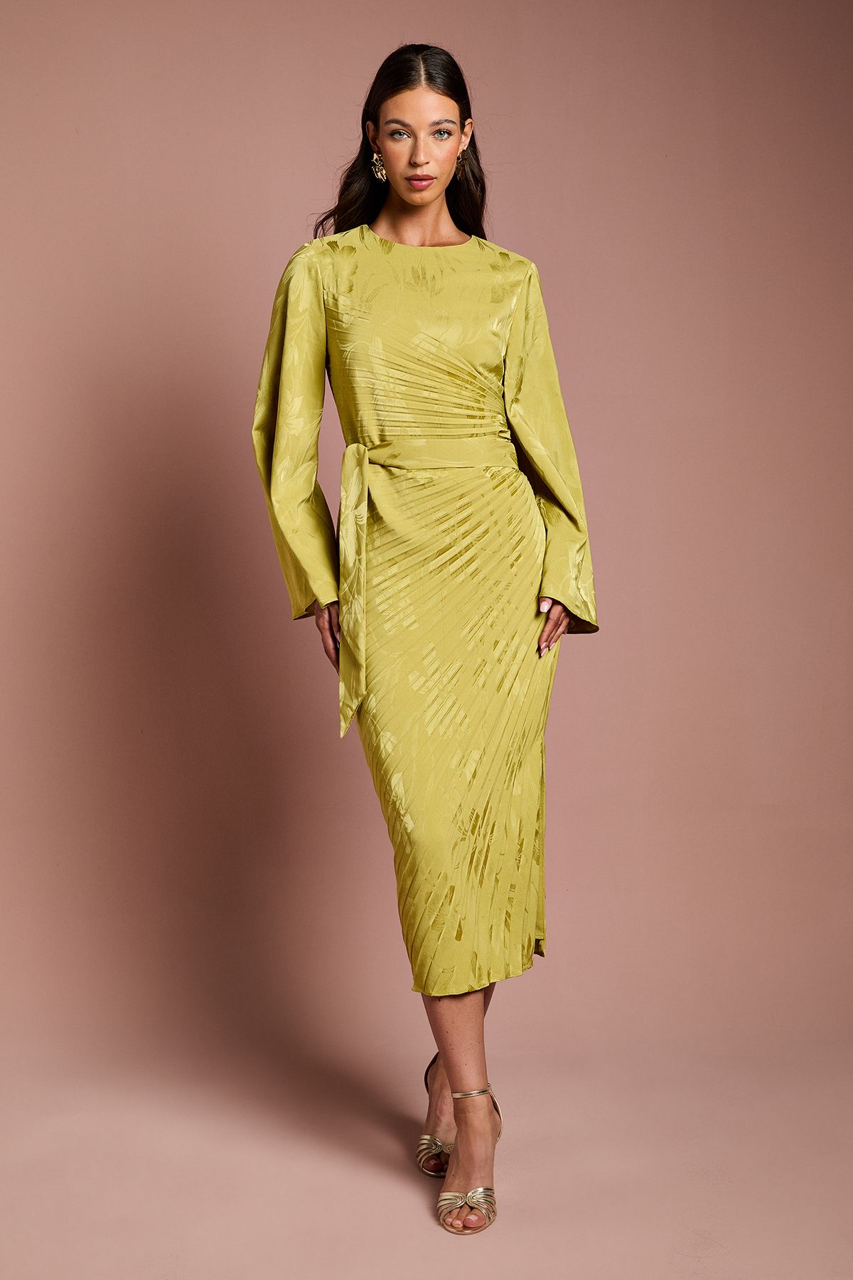Coast Long Flare Sleeve Pleated Jacquard Midi Dress Olive image 1