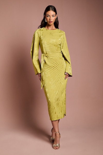 Coast Long Flare Sleeve Pleated Jacquard Midi Dress Olive