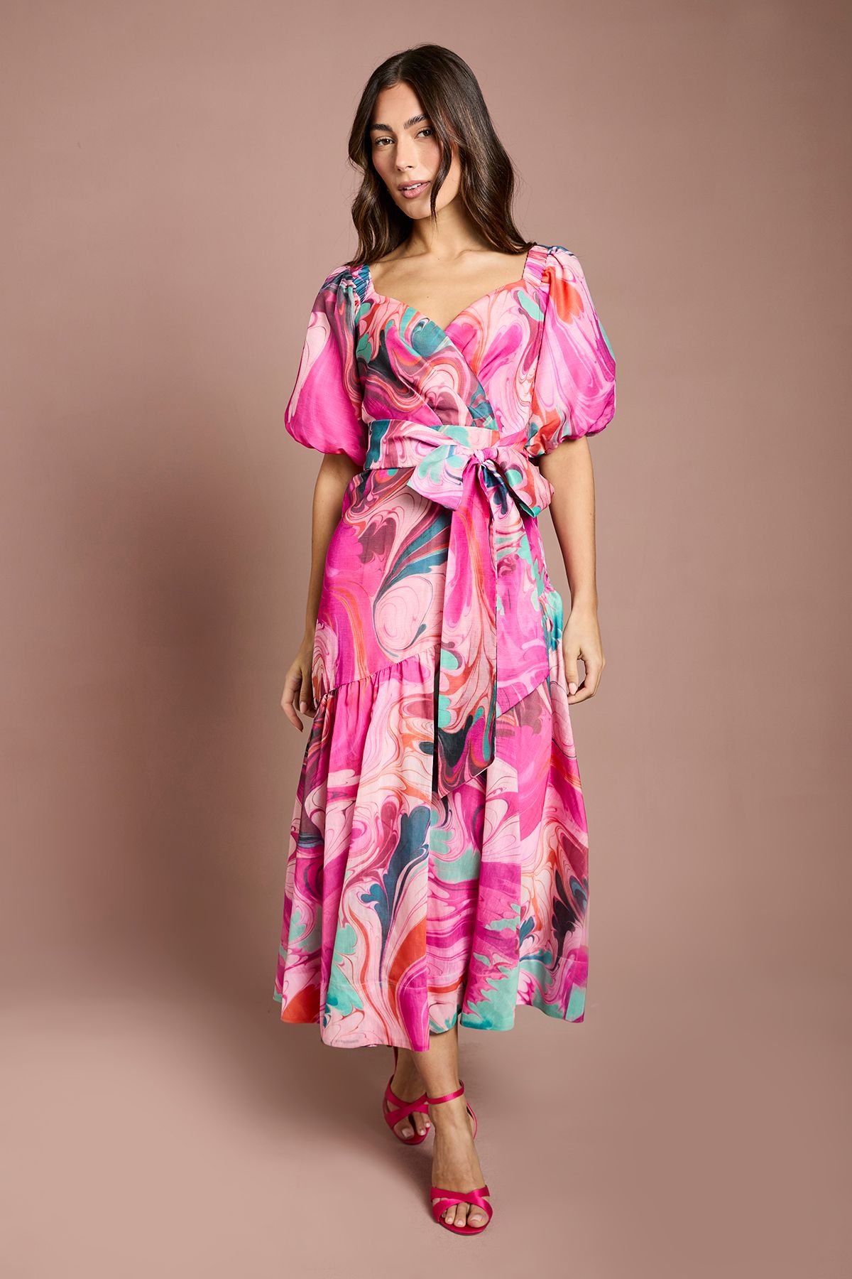 Coast Printed Puff Sleeve Wrap Belted Midi Dress Pink