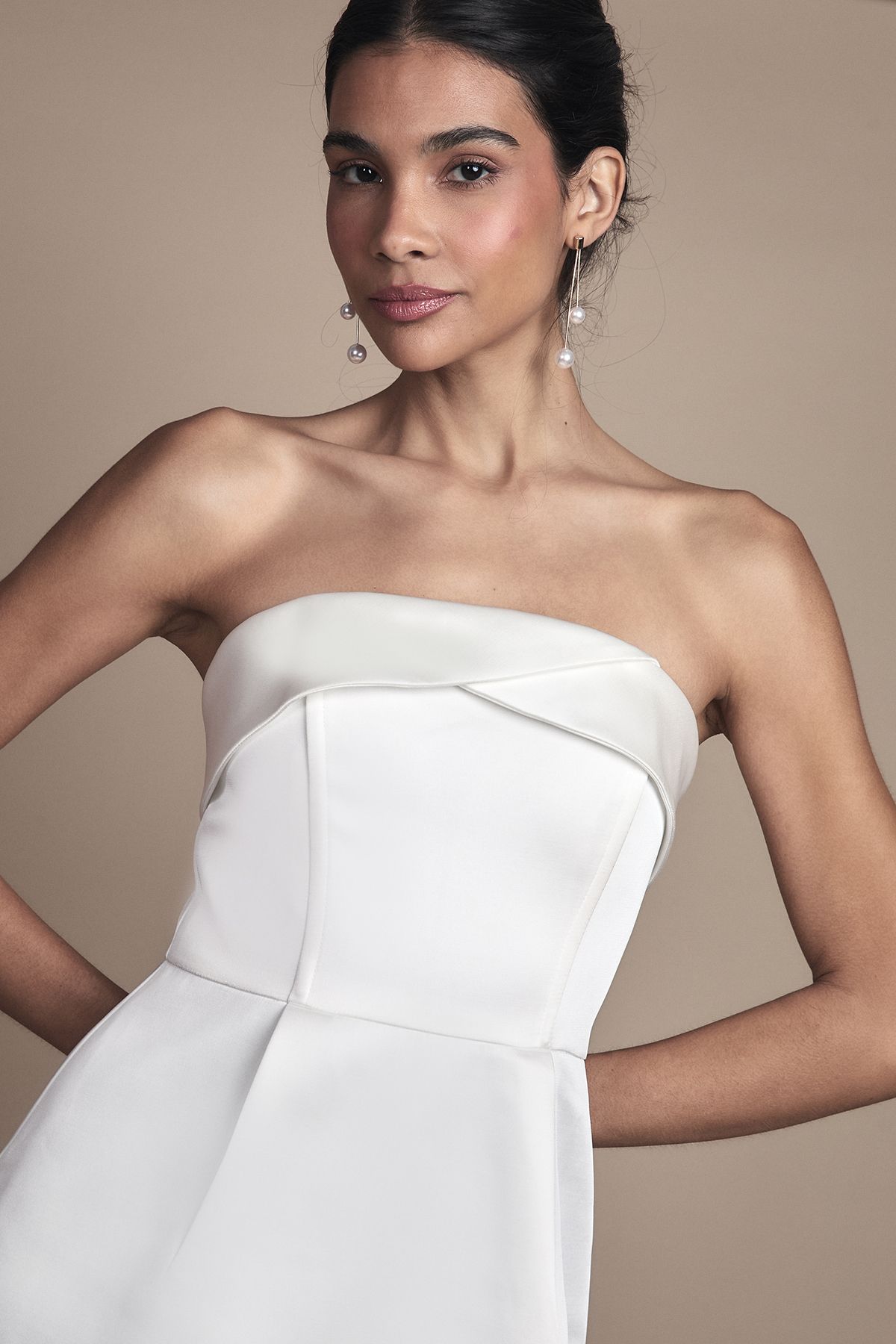 Coast Strapless Satin Mini Wedding Dress with Hem Pearl Trim Ivory image 4