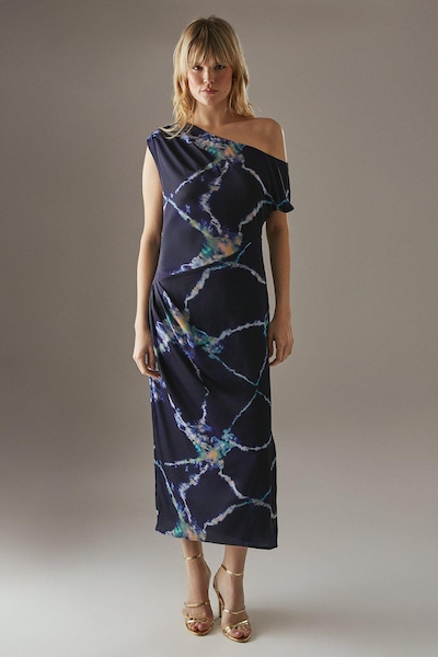 Warehouse Crinkle Satin Fallen Shoulder Knot Side Midi Dress Navy