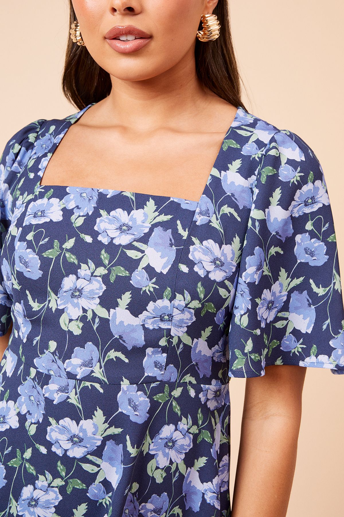 Dorothy Perkins Blue Floral Seamed Bodice Angel Sleeve Mini Dress Floral image 5