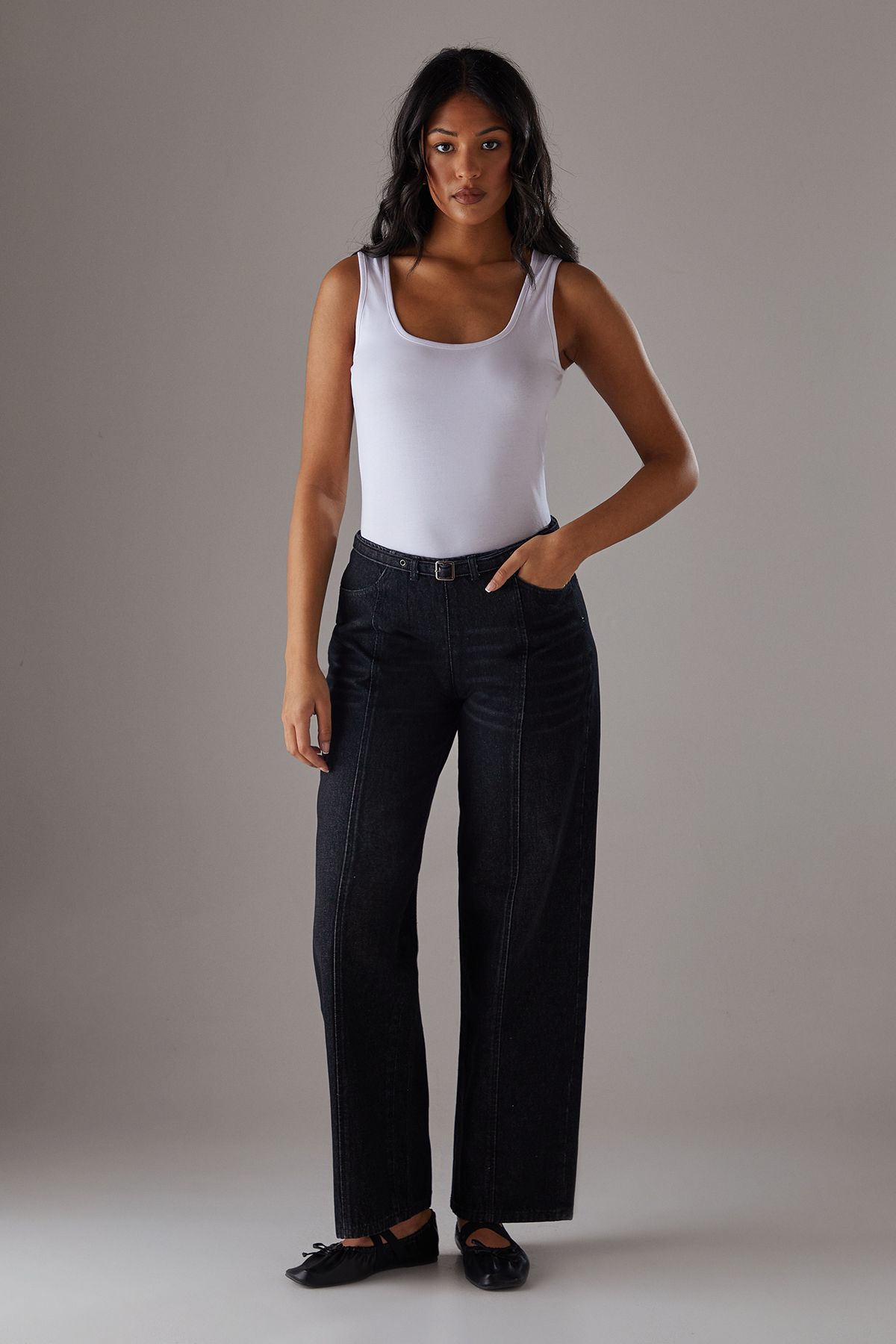 Warehouse Denim Low Rise Seam Detail Belted Wide Leg Jean Washed Black image 2