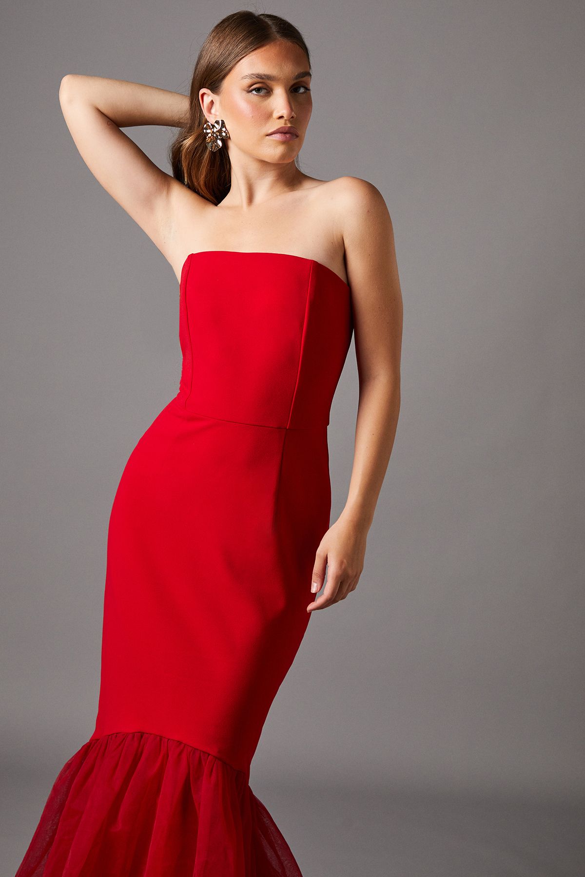 Coast Strapless Fitted Maxi Dress with Tulle Fishtail Hem Red image 2