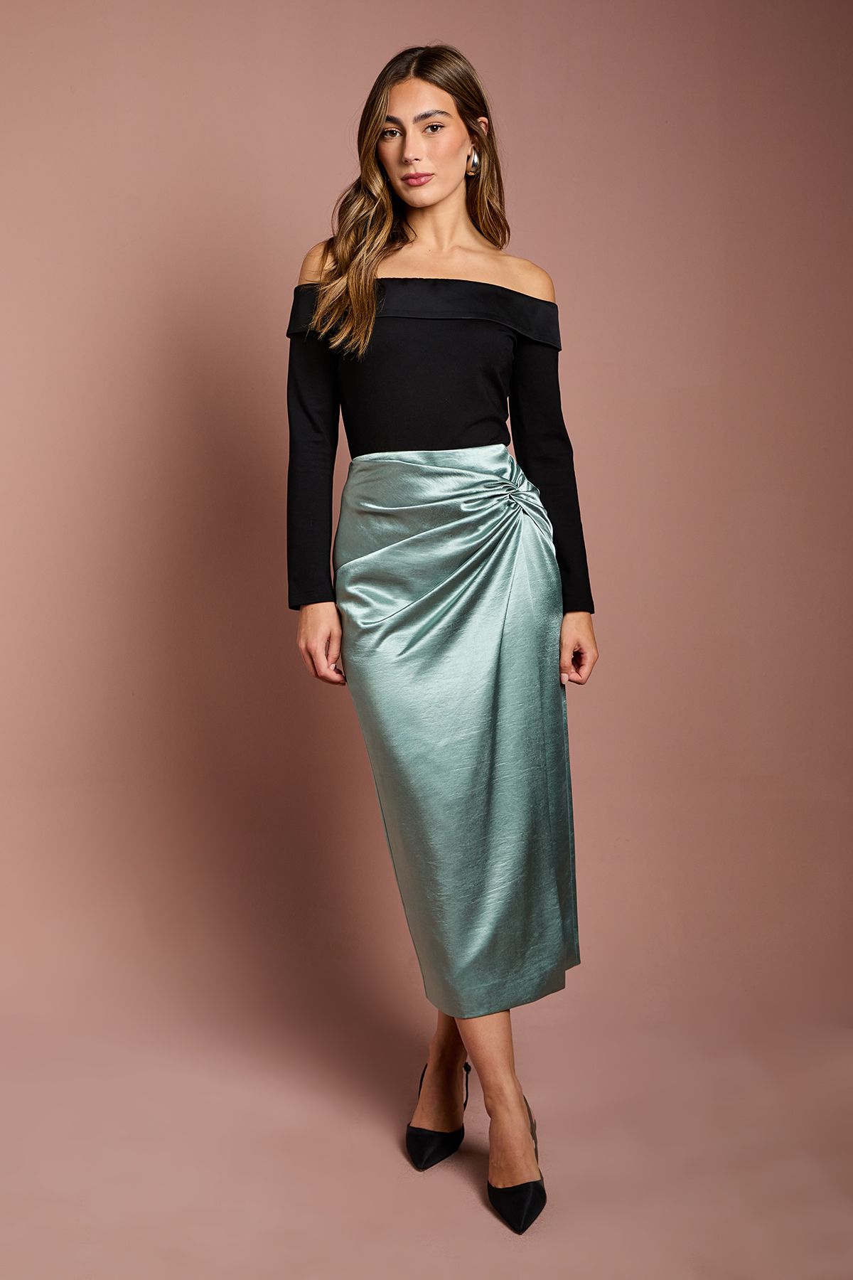 Coast Satin Wrap Midi Skirt Green image 1