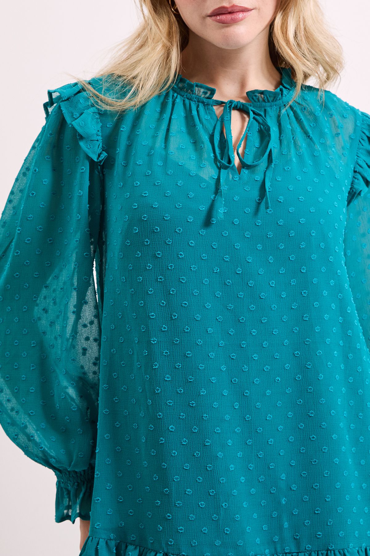 Dorothy Perkins Tiered Hem Tie Neck Shift Dress Teal image 5