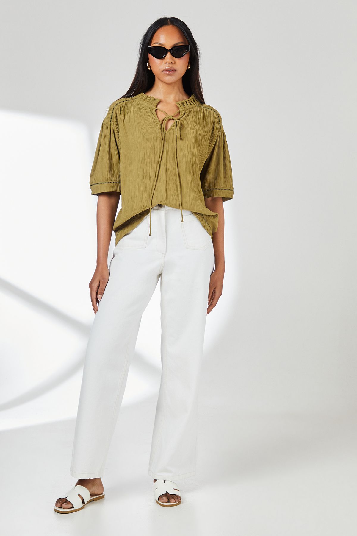 Principles Ladder Trim Tie Front Blouse Khaki image 2