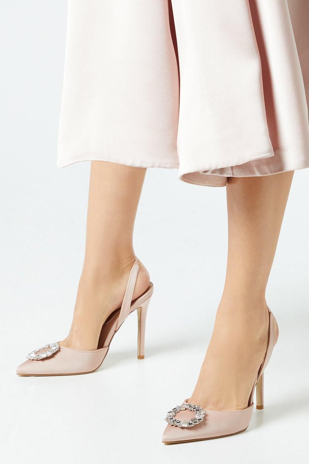 Coast Serenity Satin Brooch Detail High Heel Slingback Court Shoes Champagne image 1