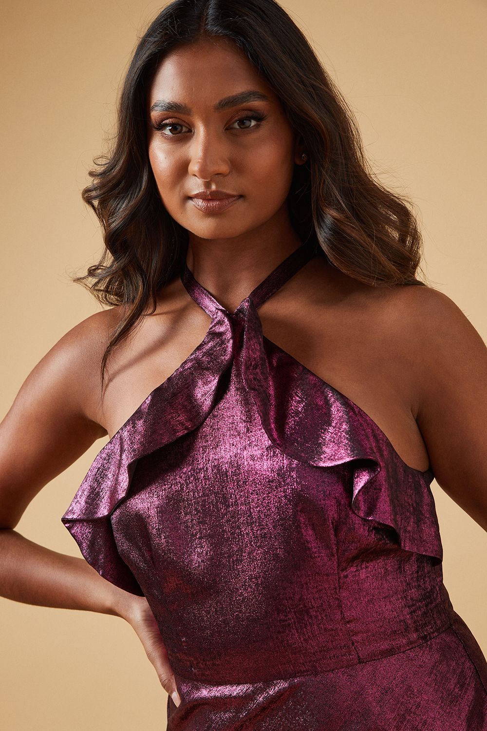 Oasis Foil Halterneck Ruffle Foil Midaxi Dress Pink image 4