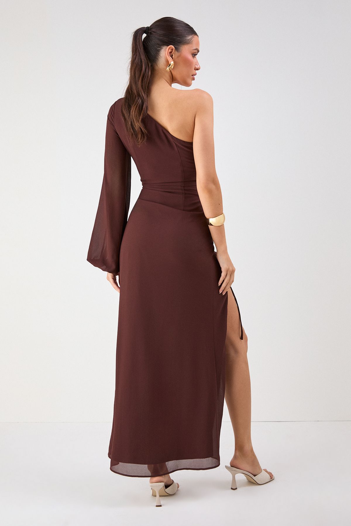 MissPap One Shoulder Ruched Detail Maxi Dress Chocolate image 4