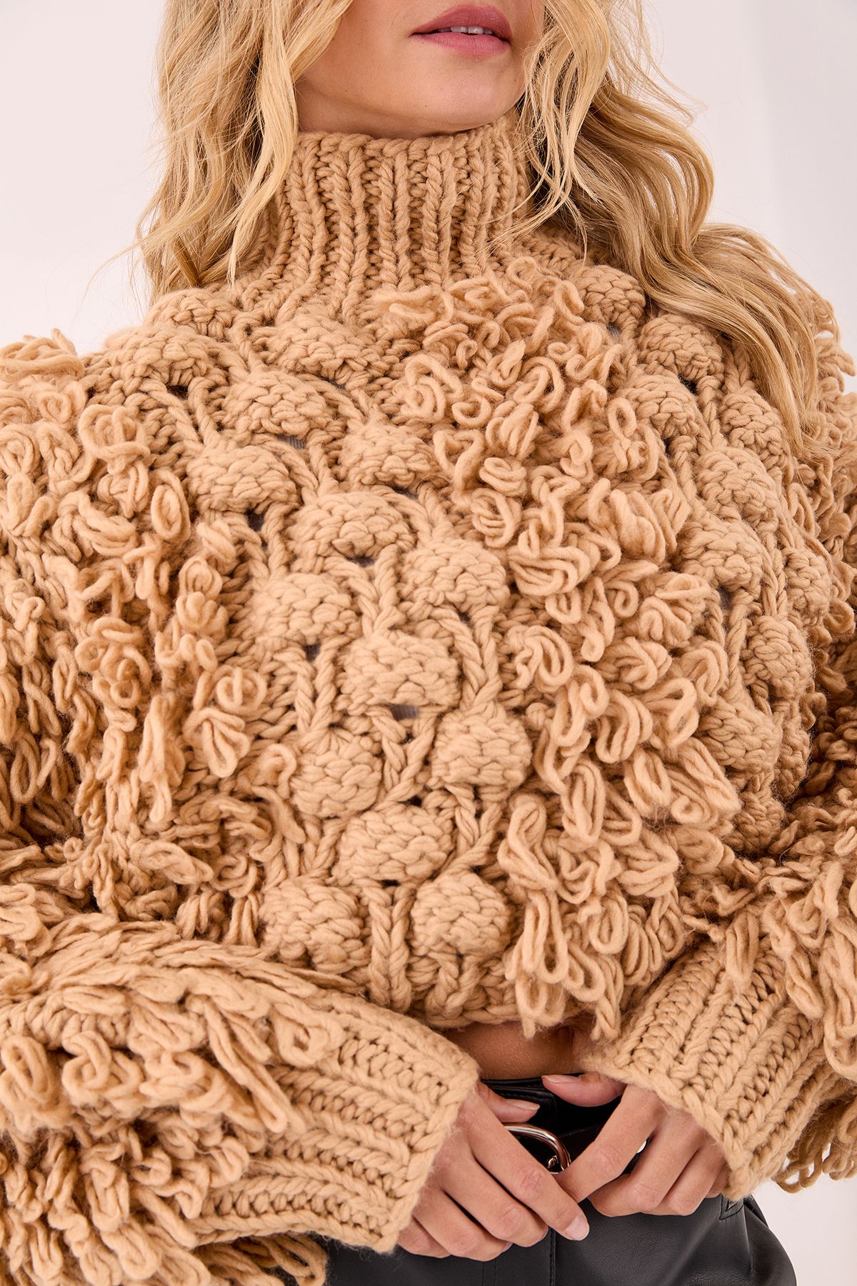 NastyGal Loopy Bobble Mix High Neck Cropped Jumper Tan image 3