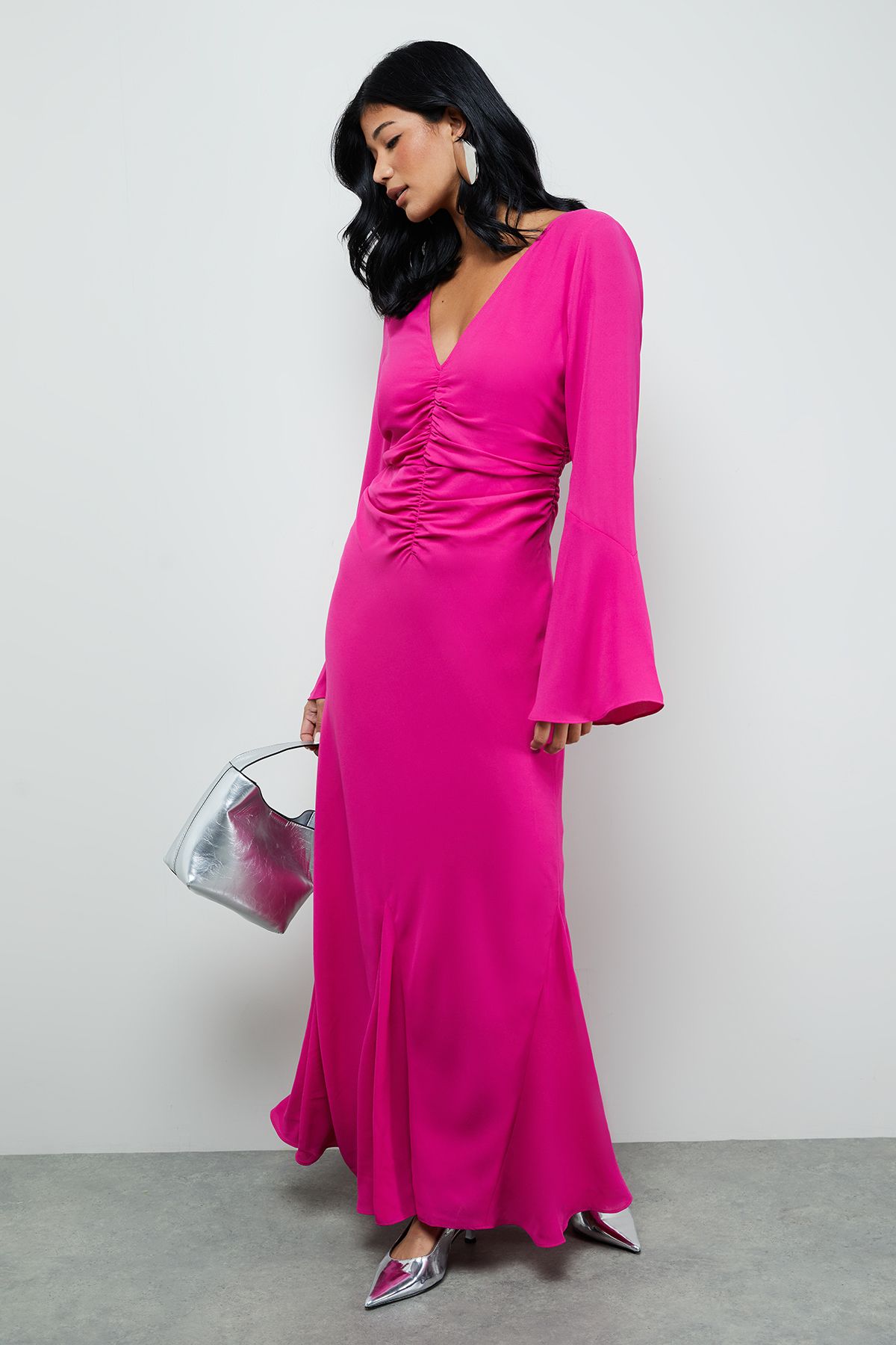 Warehouse Premium Georgette Ruched Front Flutter Cuff Maxi Dress Magenta image 1