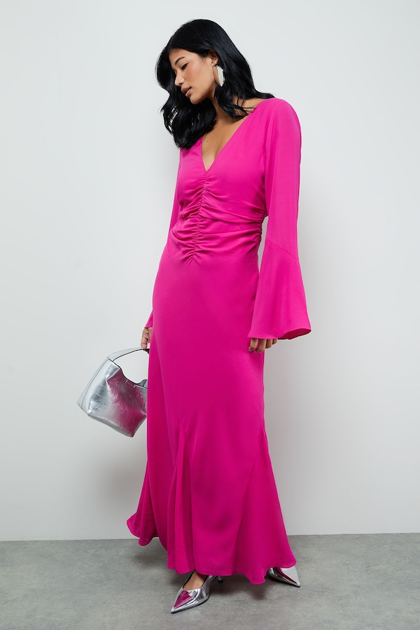 Warehouse Premium Georgette Ruched Front Flutter Cuff Maxi Dress Magenta