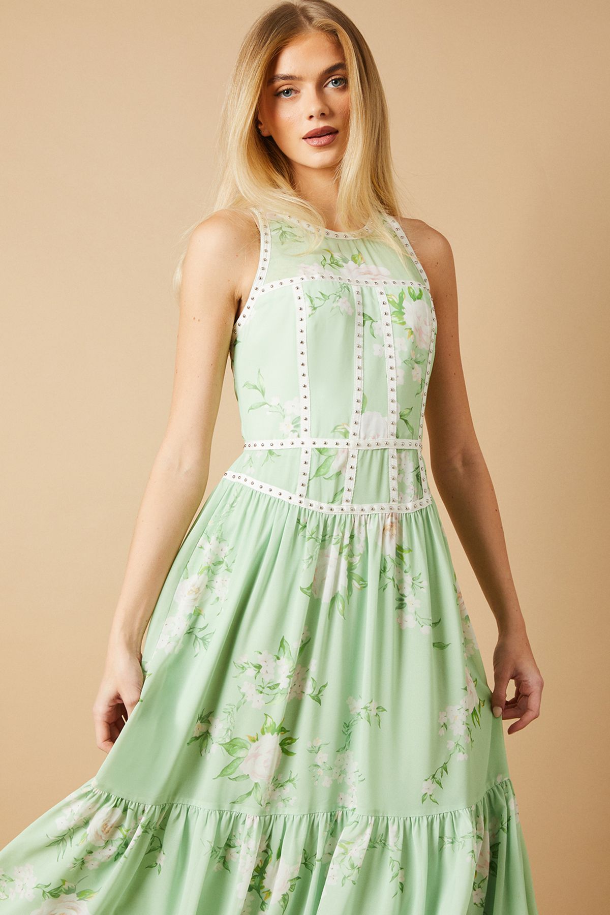 Oasis Printed Stud Embellished Trim Maxi Dress Green image 4