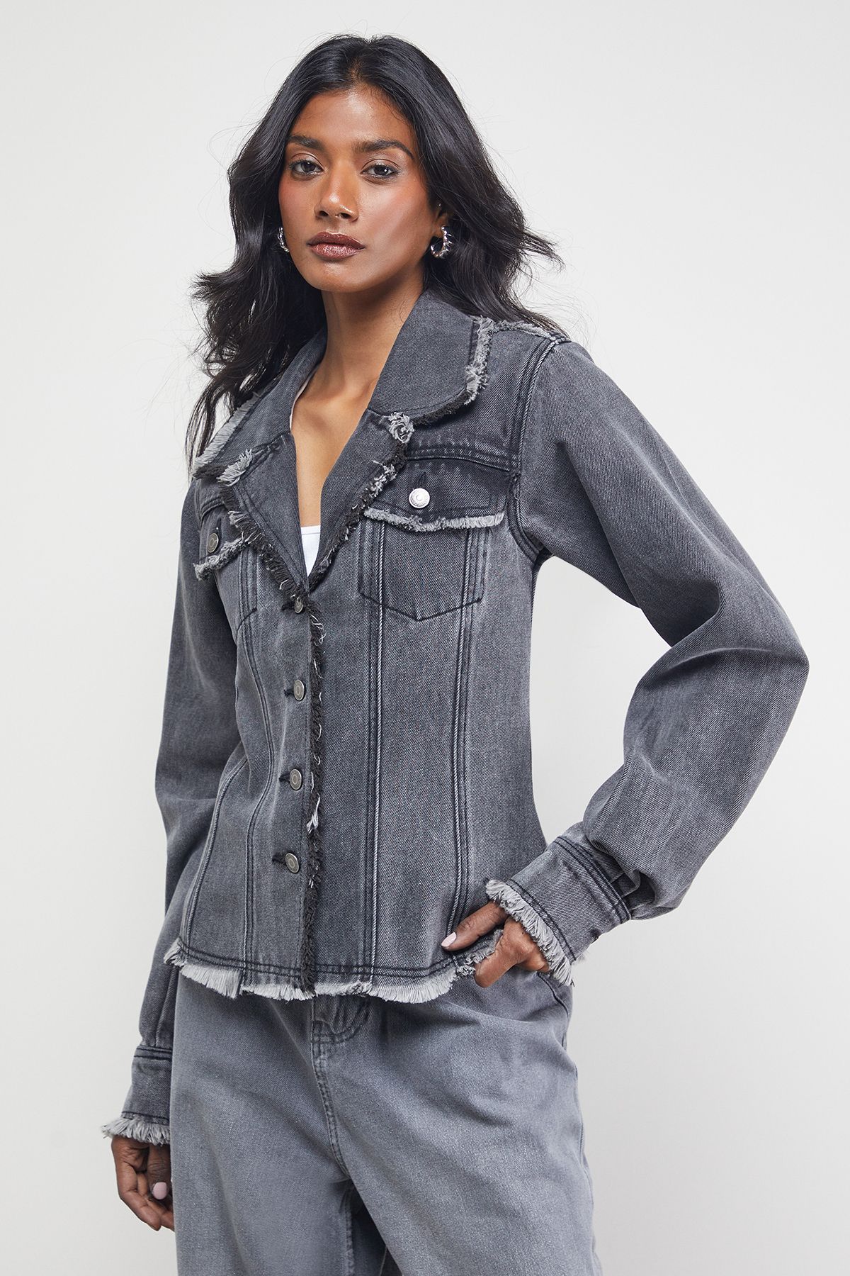 Warehouse Front Fitted Denim Jacket With Frayed Hem Grey