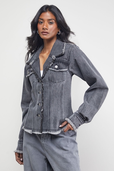 Warehouse Front Fitted Denim Jacket With Frayed Hem Grey
