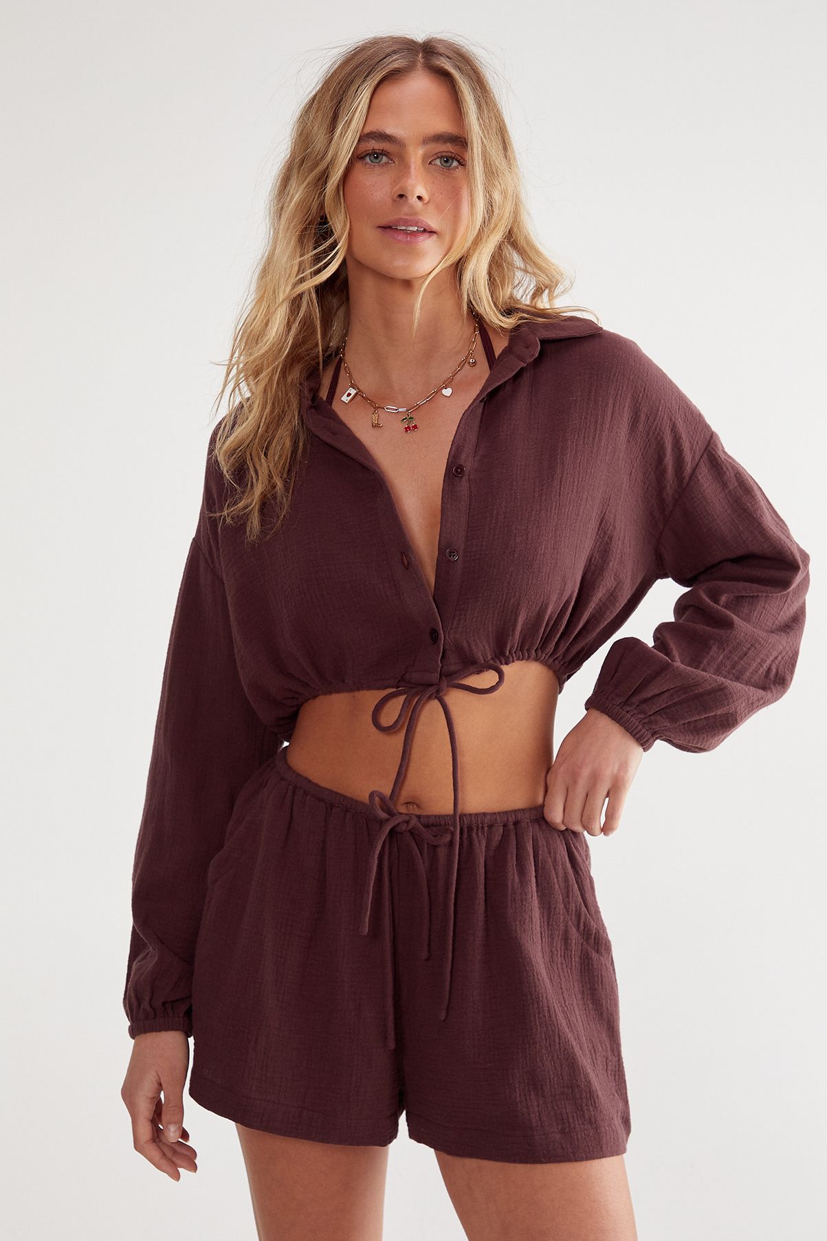 NastyGal Double Gauze Tie Front Shirt and Short Set Chocolate image 2